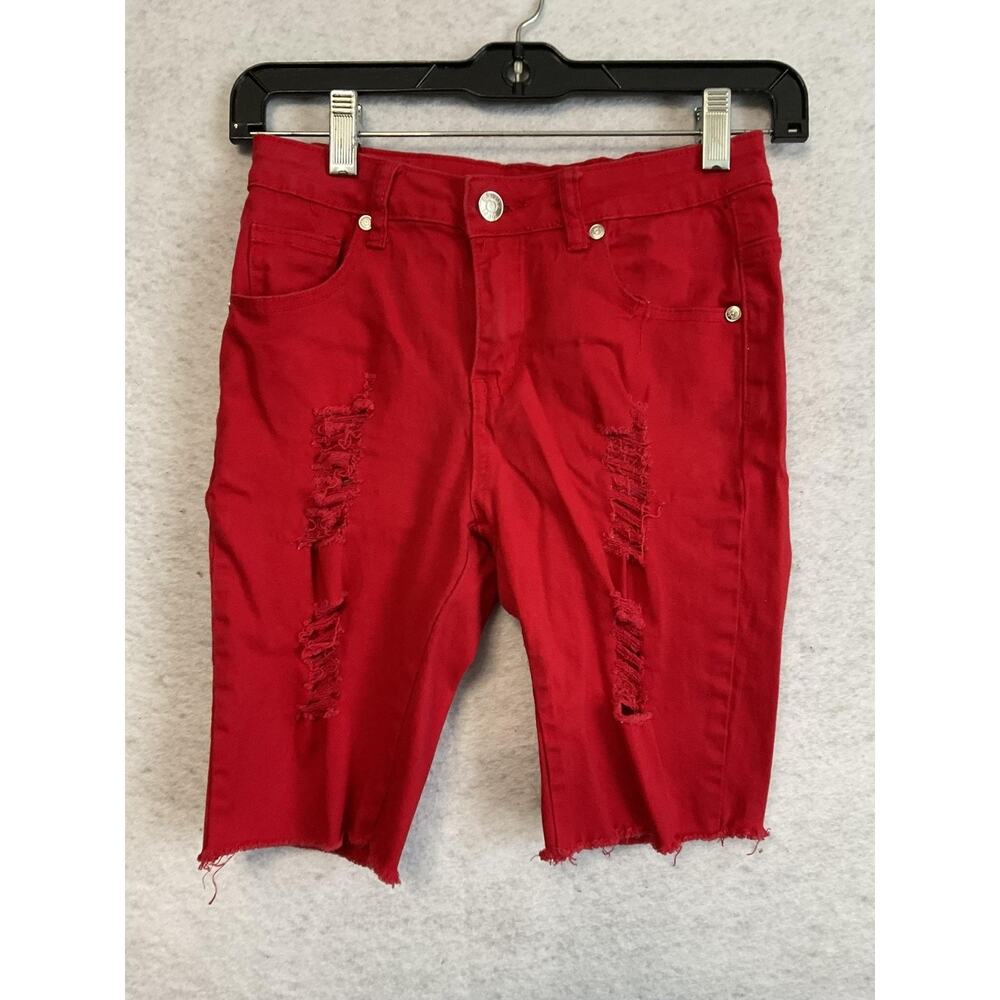 Bamboo Shorts Juniors 1 Red Distressed Denim‎ Bermuda Raw Hem Stretch Casual